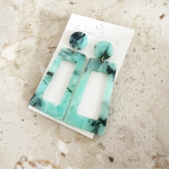 Aqua and Black Rectangular Earrings - Picture 3 of 5